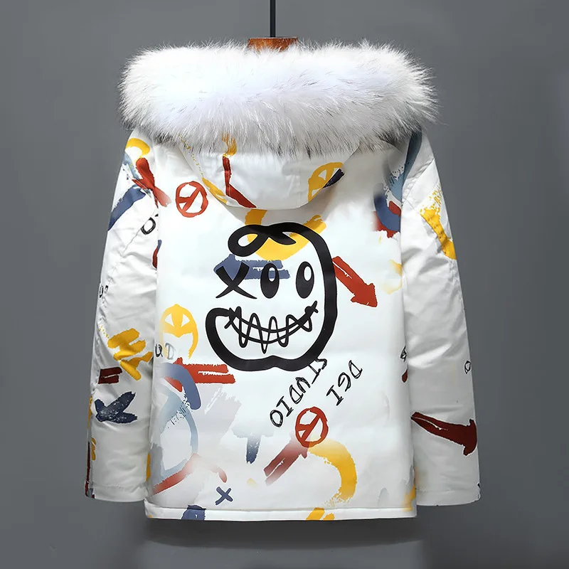 Chaqueta de plumón con estampado de Graffiti para hombre, Parkas gruesas y cálidas con Cuello de piel extraíble, Parkas acolchadas para invierno