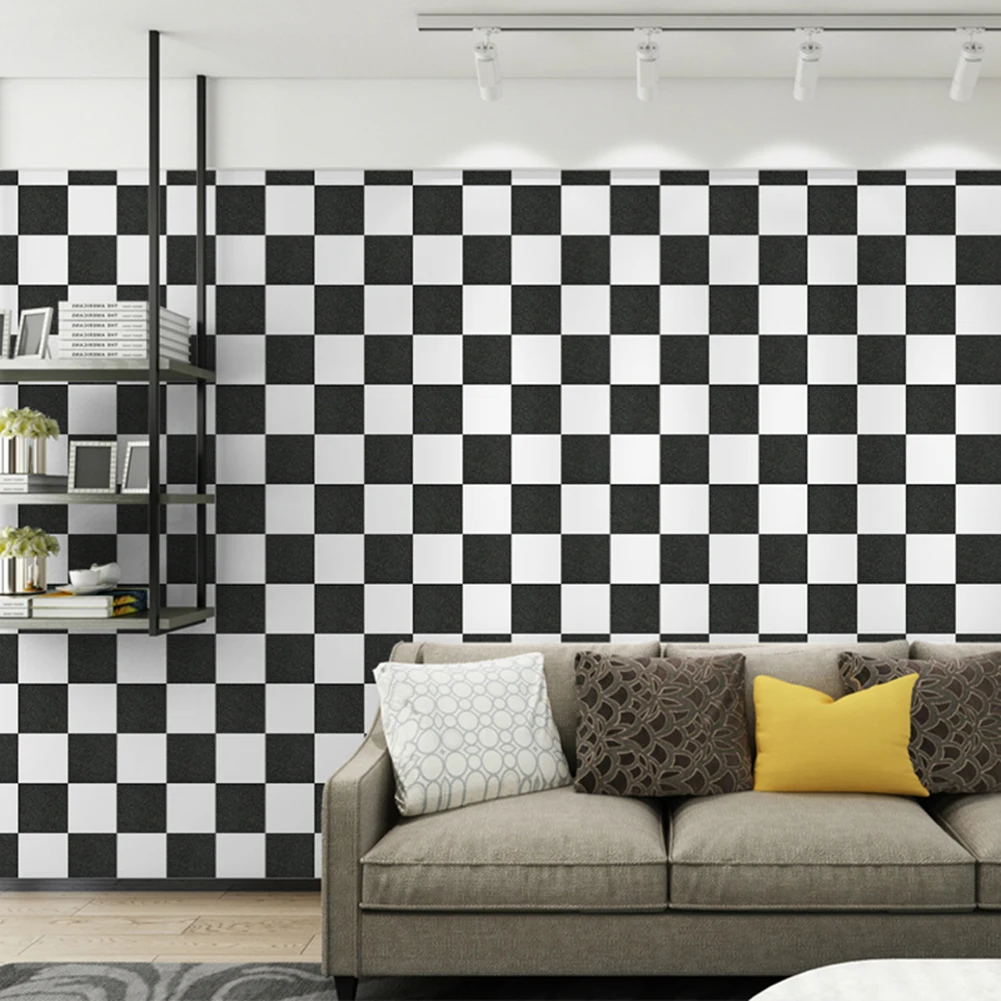 Modern Thick Self Adhesive Tiles Floor Stickers Checkered Pattern Bathroom Ground Wallpapers Black and White PVC Bedroom Decor