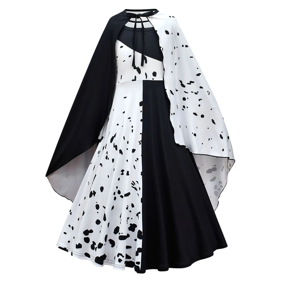 2022 Halloween Child Cruella Costume Masquerade Party Girls Black White Long Dress with Cape Carnival Kids Cruella Wig Lace Mask