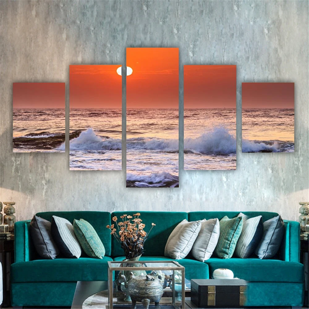 Wall Art Canvas 5 Pieces Painting Sunrise From Beach Seaview Sea Wave Landscape Posters Pictures Home Living Room Decoration