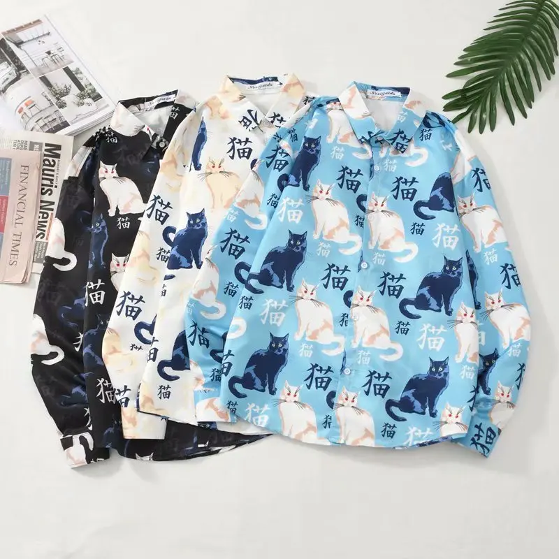 2021 Summer Men\'s Shirts Korean Fashion Harajuku Streetwear Long Sleeve Shirts Men Casual Men Clothed Printed Cat Tops Shirt Men