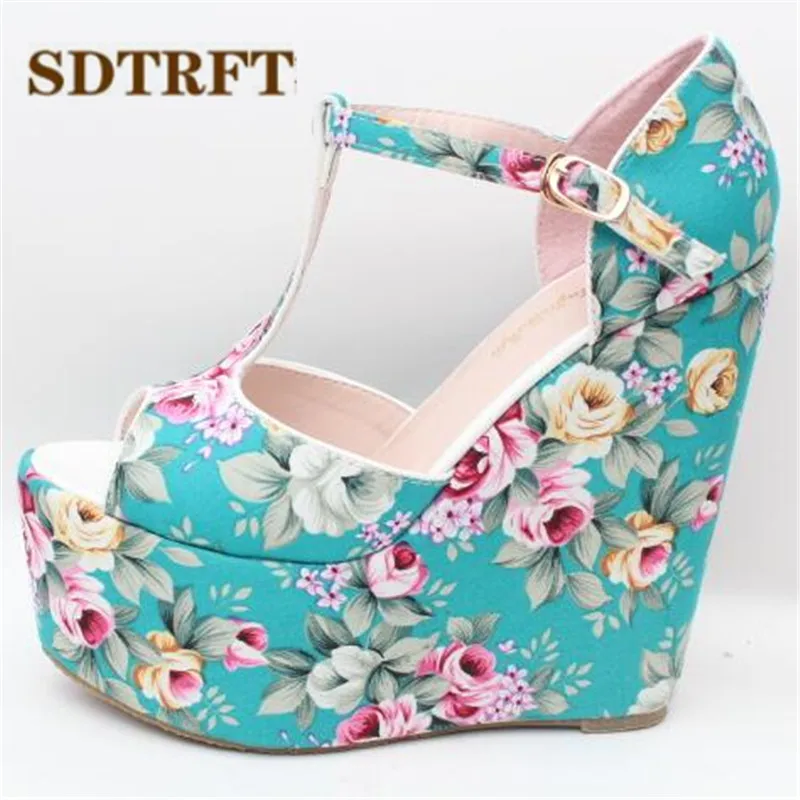 SDTRFT Stiletto Ladies 15cm wedges Sandals Platform shoes woman zapatos mujer Flowers T-strap Pumps Small Yards:30,31,32,33-43