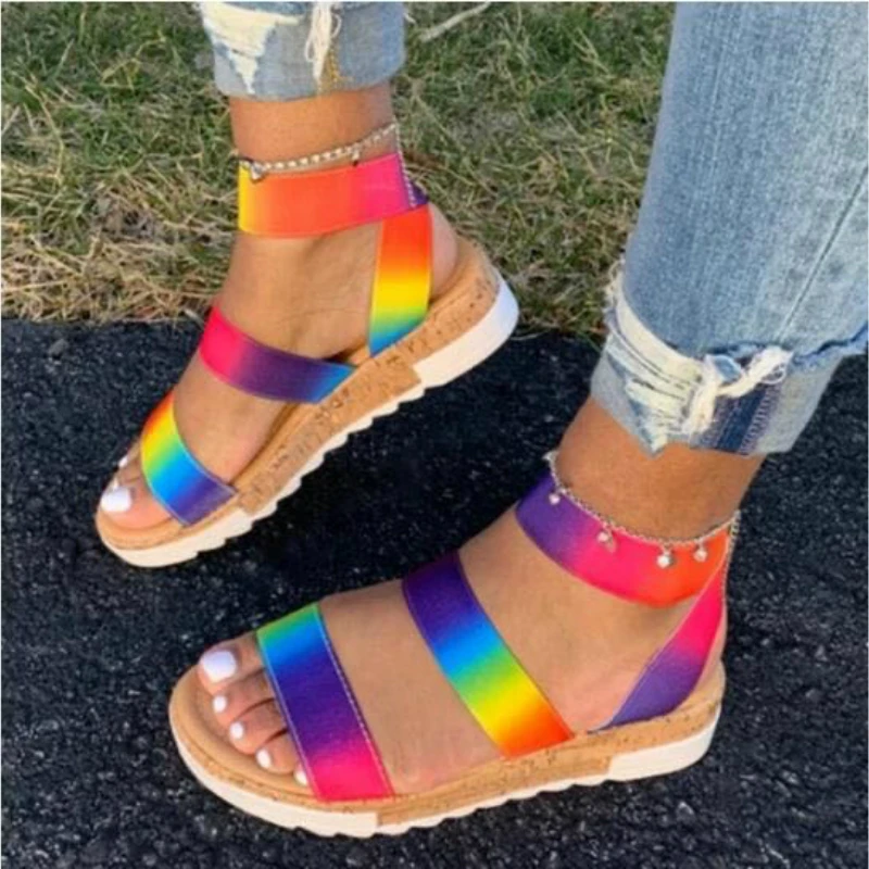 Delle donne di Estate Cinturino Alla Caviglia Sandali Arcobaleno Incunea Della Piattaforma di Colore Tacco Peep Toe di Modo Casual Spiaggia Scarpe