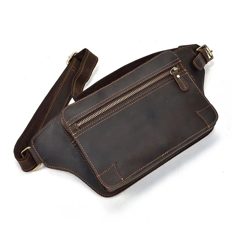 MAHEU Natrual Cow Skin Waist Bag Outing Stroll Fanny Pack Zipper Belt Bum Waist Bag Brown Genuine Leather Men Male  Waist Pack