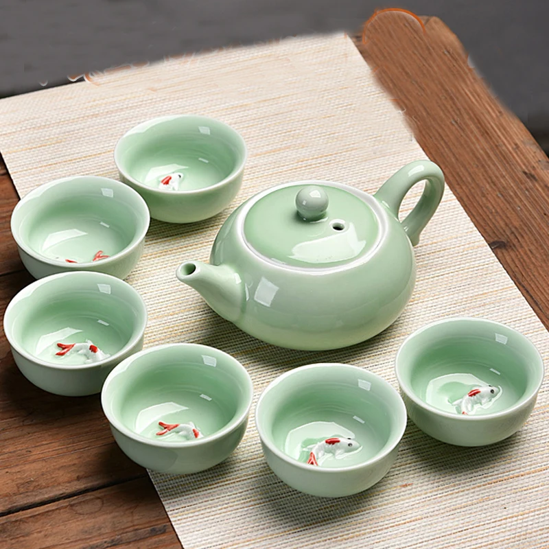 Chinese Tea Set Porcelain Celadon Fish Teacup Set Teapot Drinkware Kung Fu Tea Set Ceramic Tureen