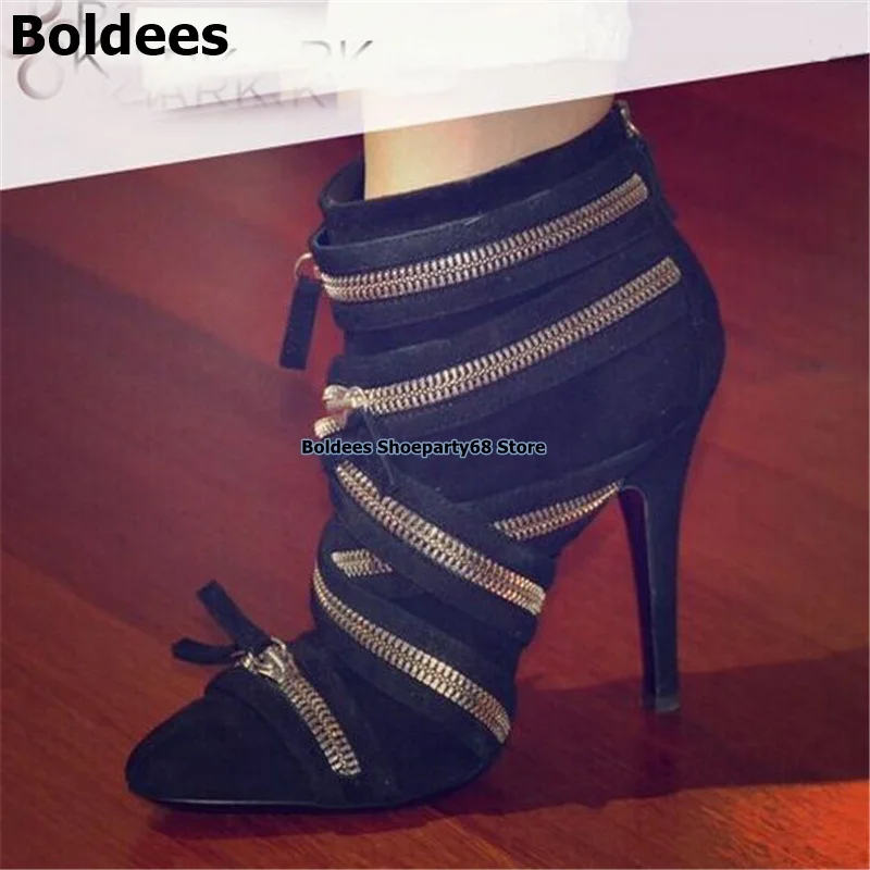 

Unique Metal Zipper Decor Embellished Studded Heeled Black Suede Women Booties Winter Ladies Short Party Dress Ankle Boots Women