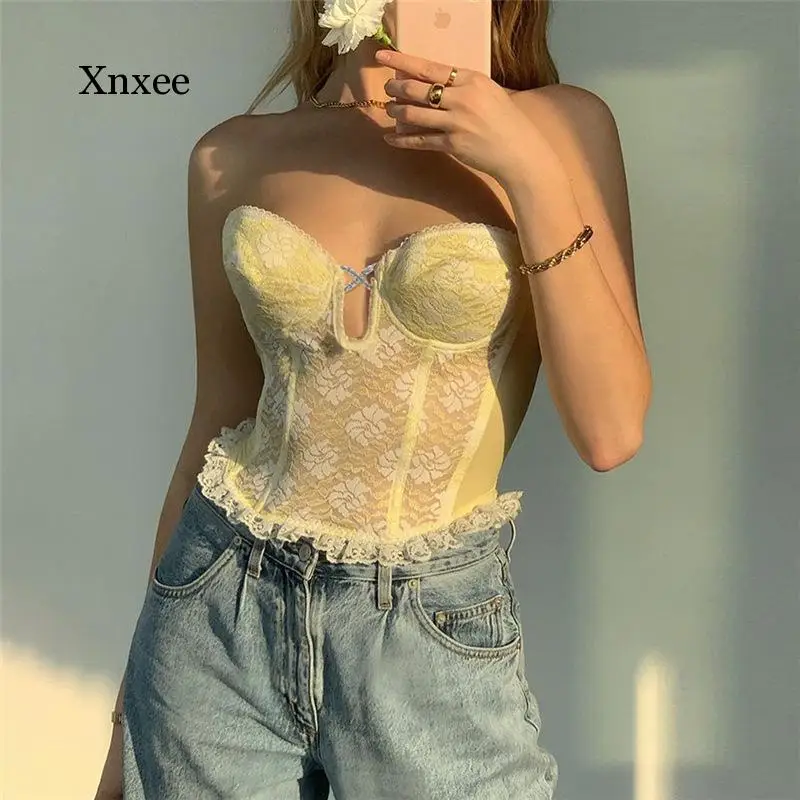 2021 Sexy Ruffle Lace Mesh Corset Sheer Cropped Tops Off Shoulder for Women Backless Party Y2K Tee Fashion E-Girl Clothing Vest