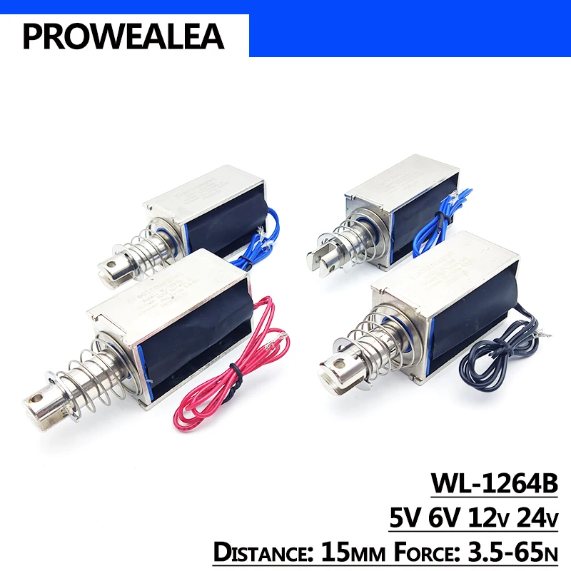 Solenoid แม่เหล็กไฟฟ้า Push Pull ประเภท WL-1264B 5V 6V 12V 24V แรงขับ3.5-65N 15มม.กรอบ Linear ไฟฟ้าแม่เหล็ก