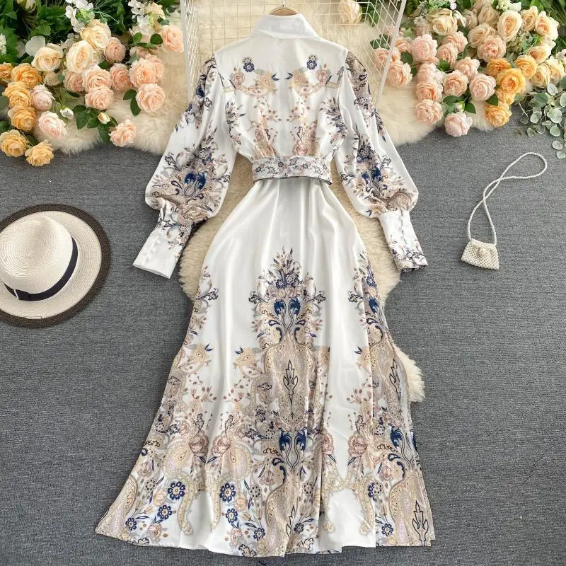 2021 Spring Vintage Court Style Puff Sleeve Party Long Dress with Belt Printed Elegant Slim Boho Formal Club Evening Long Dress