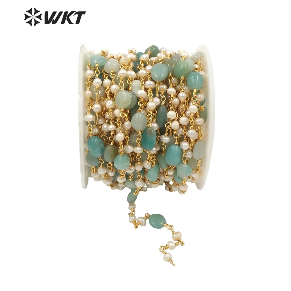 WT-RBC170 Charming Mixed Natural Green Stone And Pearl Chain For Custom Jewelry Necklace Gold Plated Big Size Party Style