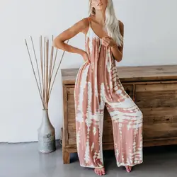 2022 Women Casual Jumpsuit V Neck Tie Dye Stripe Print Wide Leg Sling Suspender Romper Loose Long Playsuit w/Pocket боди женское