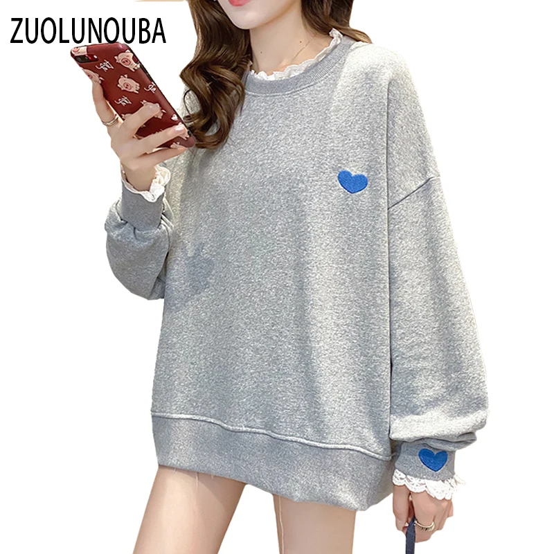 

2020 Autumn Lace Embroidery Stitching Fake Two-piece Round Neck Ladies Pullover Casual Loose Sweet Comfortable Women Sweatshirt