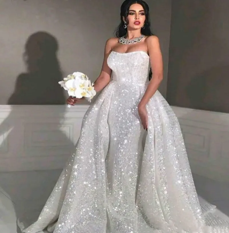 Vestido De novia árabe con lentejuelas ostentosas De Dubái, vestido De novia De sirena sin tirantes para fiesta, con sobrefalda, De Marrage