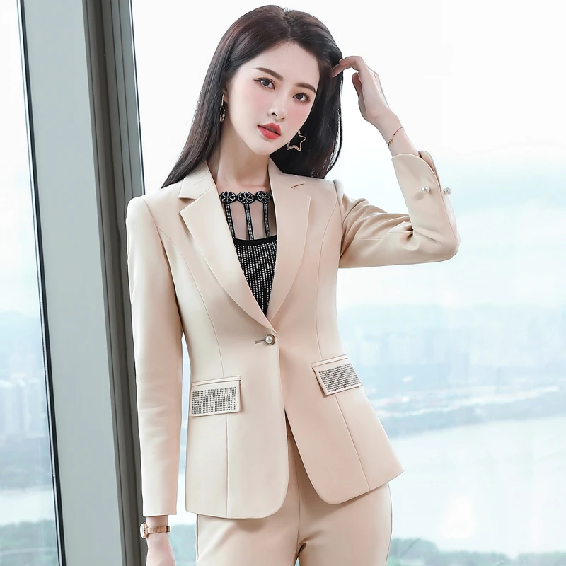 Novelty Red Professional Formal Women Business Suits Long Sleeve Autumn Winter Uniform Designs Pantsuits Female Blazers Set