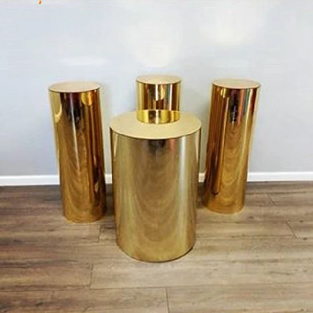 

4pcs/set)Metal Round Cylinder Pedestal Display Gold Silver Mirror Plinths For Wedding yudao194