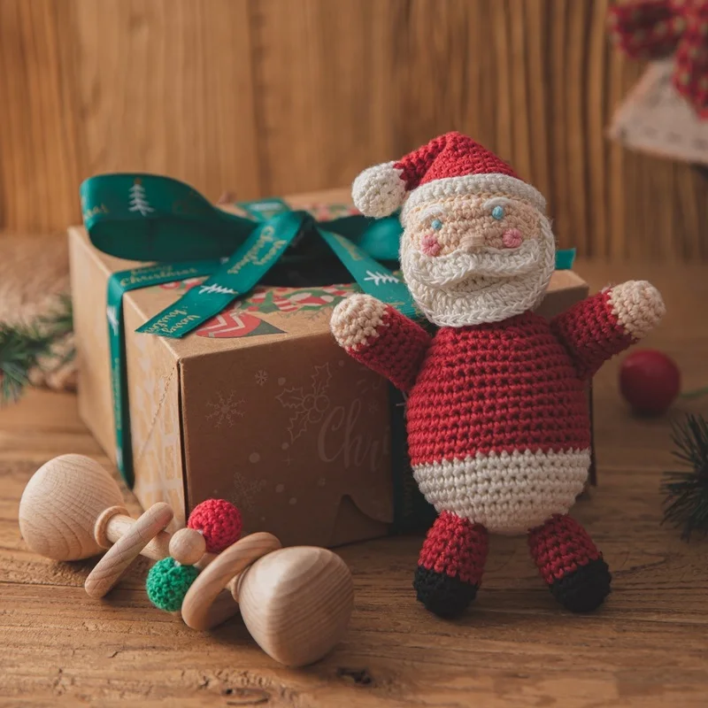 Sonajeros de ganchillo de Papá Noel para bebé, juguete de Navidad, sonajero mordedor de madera seguro para el cuidado de los niños