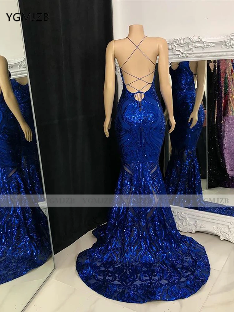 Vestidos de baile sexy sem costas femininos, sereia, lantejoulas brilhantes, gola V, azul royal, africano, vestidos de festa formais, garota negra, 2023