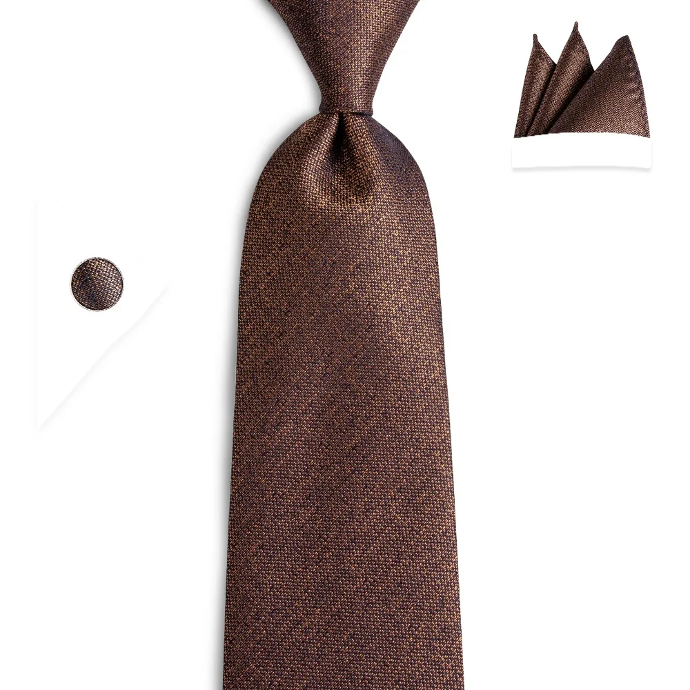 New Designer Men's Necktie Brown Solid Silk Wedding Tie For Men DiBanGu Hanky Cufflinks Ring Tie Set  Fashion Business ZH02-7136