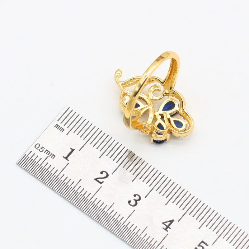 花と青の金メッキジュエリーセット,18k,女性用,イヤリング,ネックレス,ペンダント,リング,ブレスレット,誕生日プレゼント