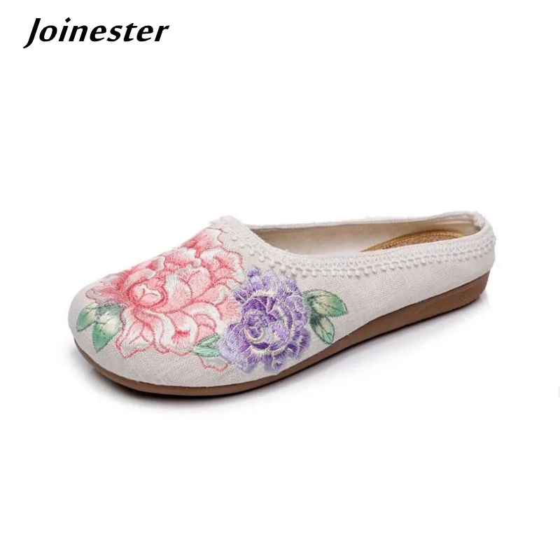 Flat Heel Cotton Fabric Women Slippers Vintage Embroidered Linen Slides for Ladies Ethnic Summer Mules Female Backless Sandals