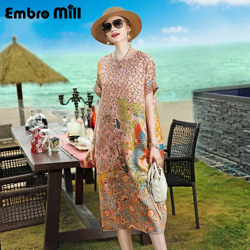 

High Quality Silk Print Loose Dress New Summer O-Neck Short Sleeve Seaside Party Elegant Dress S-XL