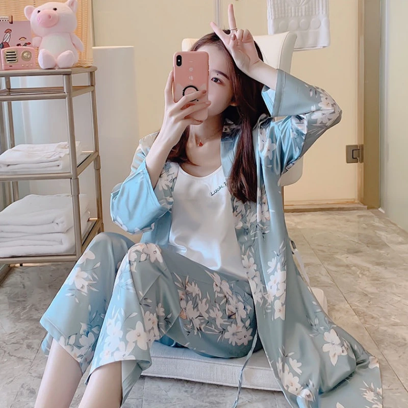 Three-piece nightgown female autumn Korean silky sexy long-sleeve sleepwear printed trousers home wear elegant bathrobe pijamas