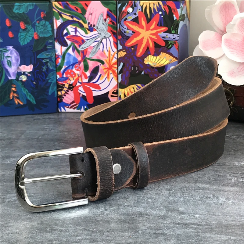 Ceinture en cuir véritable pour hommes, Vintage, à ardillon métallique, large, avec boucle, pour Jeans, MBT0048