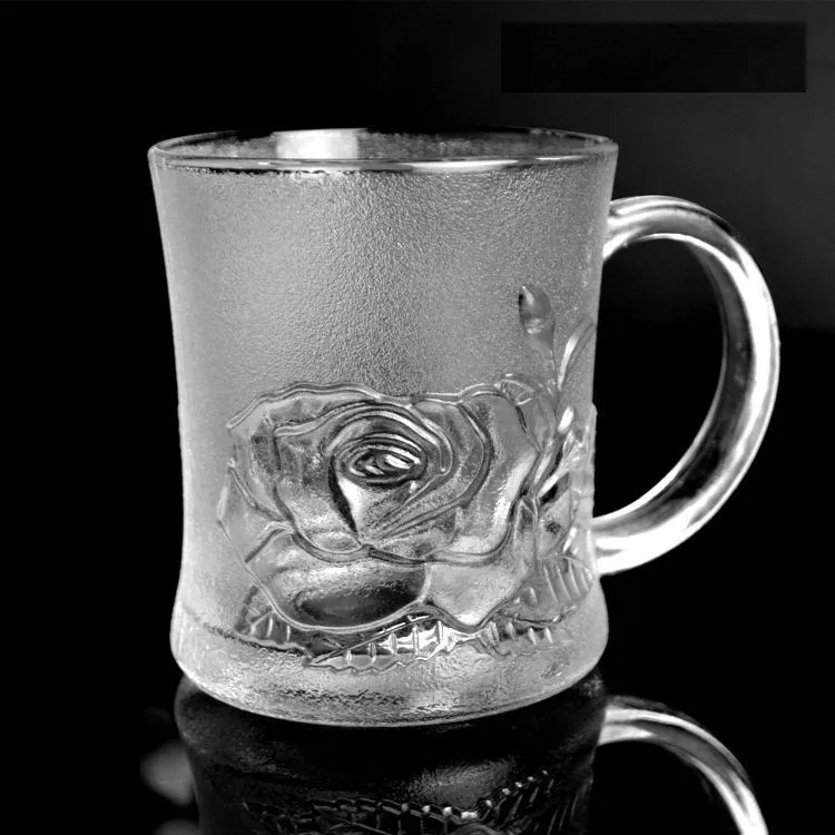 Mug belt glass heat-resistant frosted rose cup tea cup floating carved flower tea cup cereal cup