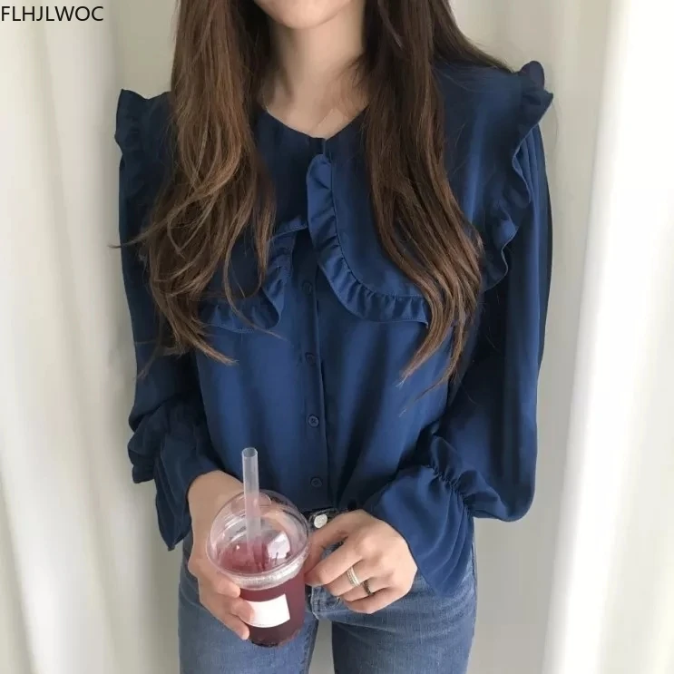 Chic Korea Fashion Women Flare Sleeve Cute Sweet Peter Pan Collar Tops Solid Single Breasted Button Shirts