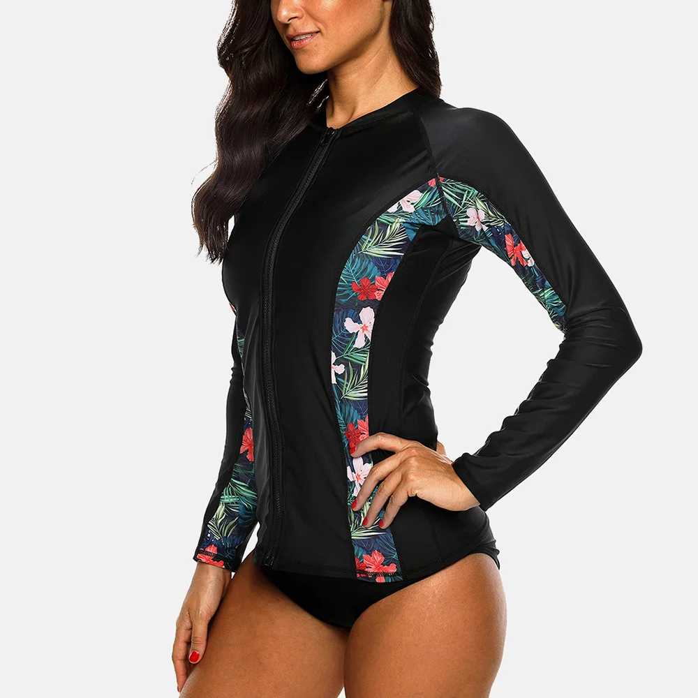 Charmleaks Women Long Sleeve Zipper Rashguard Swimsuit Floral Print Swimwear Surfing Top Rash Guard Running Shirts UPF50+