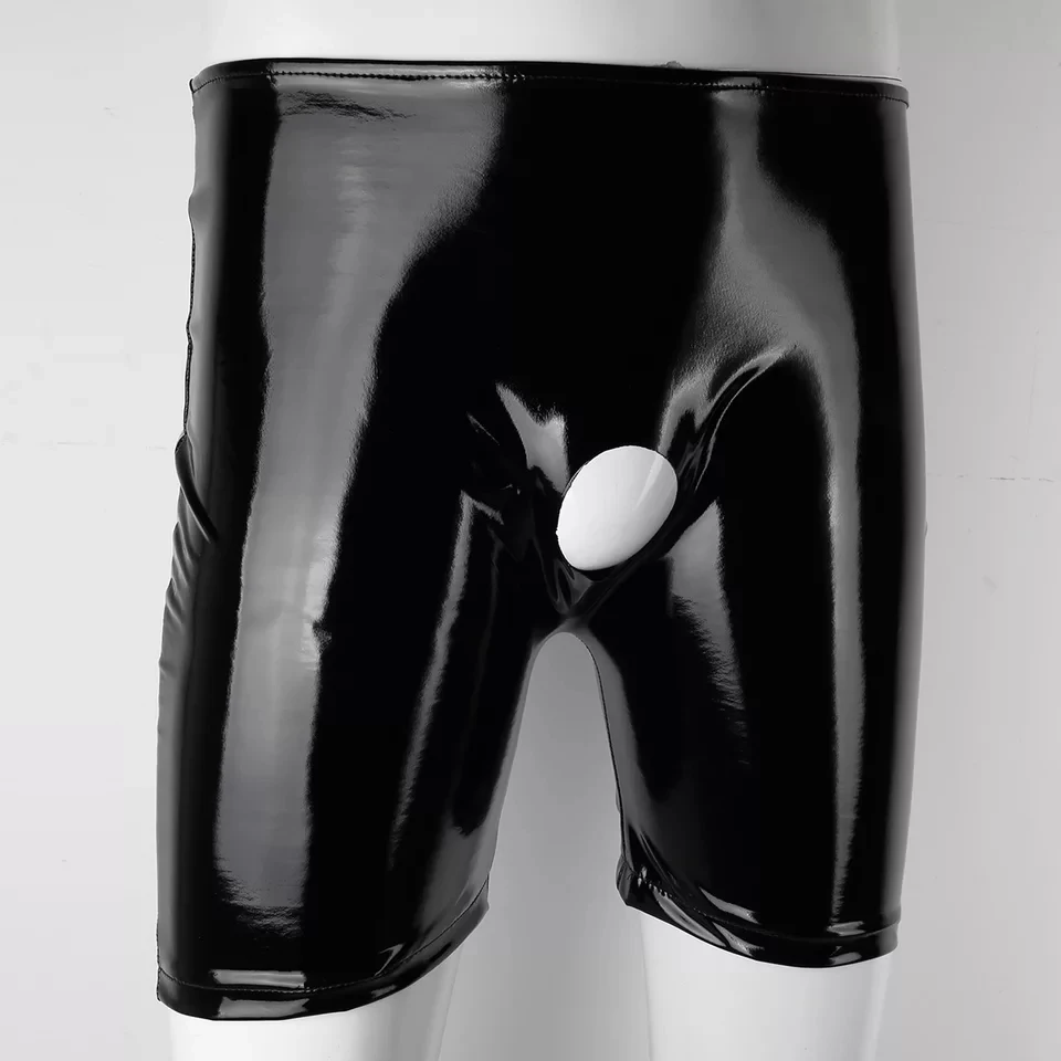 Mens Sexy Open Crotch Shiny Casual Leather Pants For Sex Glossy PVC Latex Crotchless Leather Boxer Male Erotic Bottom Underwear