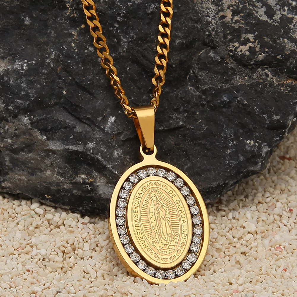 Virgin Mary Necklace Gold Stainless Steel Religious Christian Prayer Amulet Pendant For Women Christmas Gift Collar Jewelry