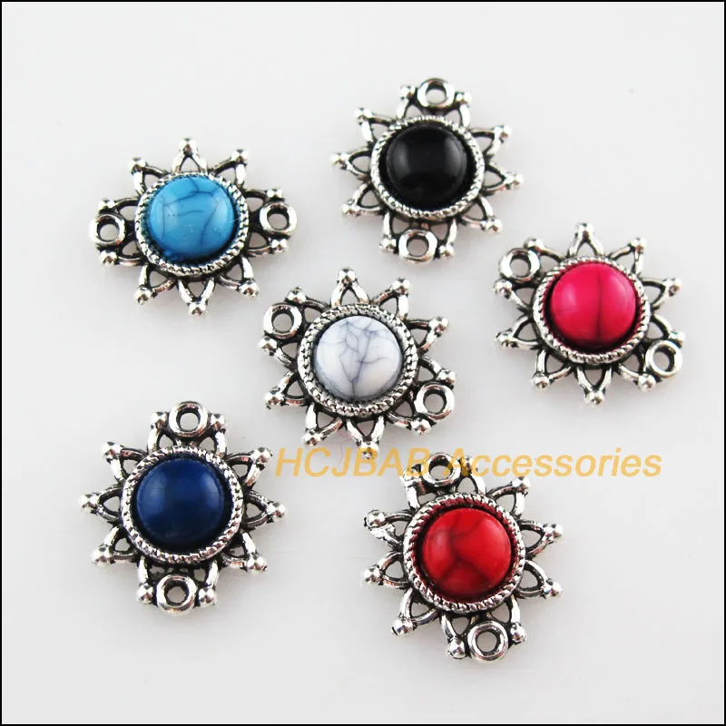 24 New Flower Mixed Charms Connectors Stone Tibetan Silver Pendant 14x14.5mm