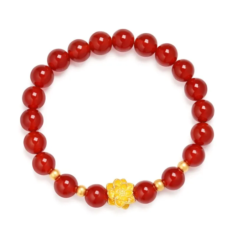 999 Pure Real 24K Yellow Gold Bracelet For Women 3D Beauty Lotus with 4mm Bead 8mm Green Agate Red Agate Bead