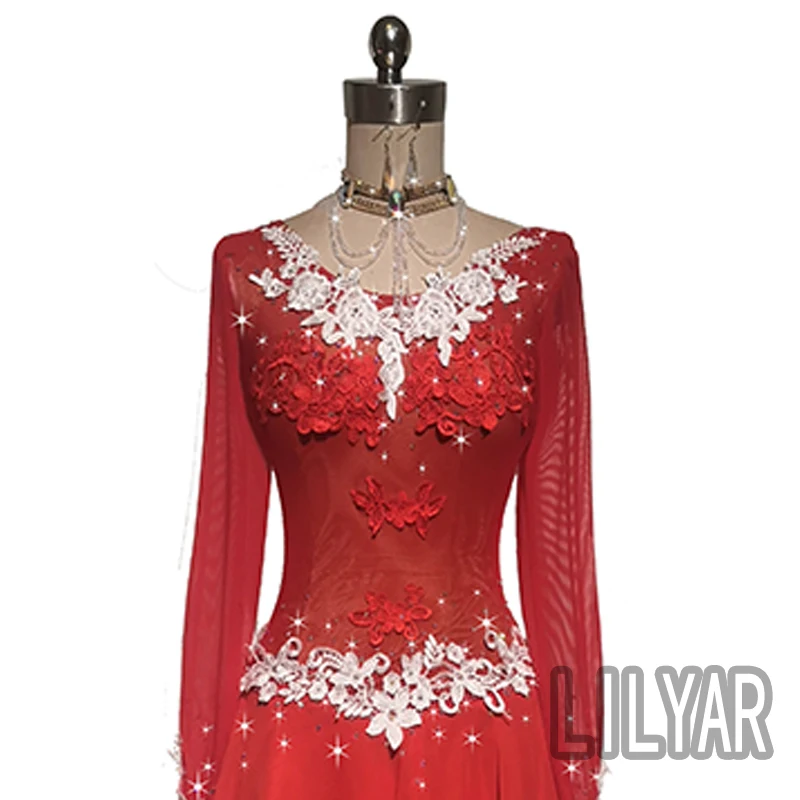 Ballroom Standard Competition Show Dress Custom New Adult Red Embroidery Slim Dance Dress