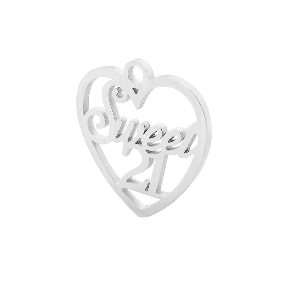 MYLONGINGCHARM Stainless steel Heart sweet 21 Charms Pendants for Necklace Bracelet Jewelry Making Accessories 21*22mm