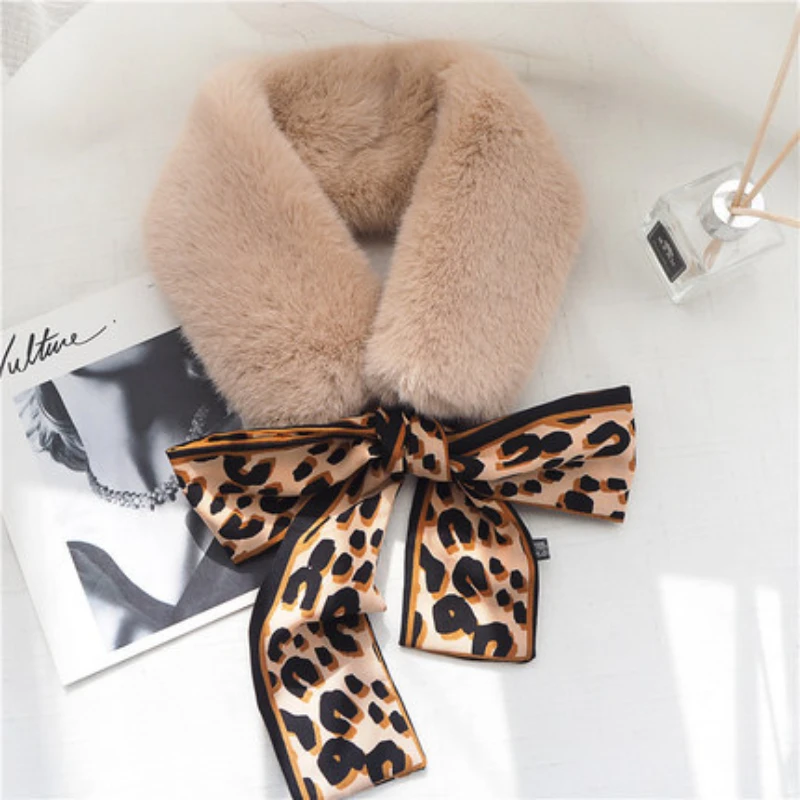 Korean Winter Warm Neckerchief with Leopard Scarf Imitation Rex Rabbit Plush Wild Fur Collar Bow  Hair Band for Women Girls