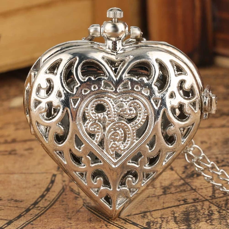 Romantic Heart Shape Quartz Pocket Watch Bronze/Silver/Black Necklace Pendant Chain Ladies Watch Souvenir Gifts for Girls Women