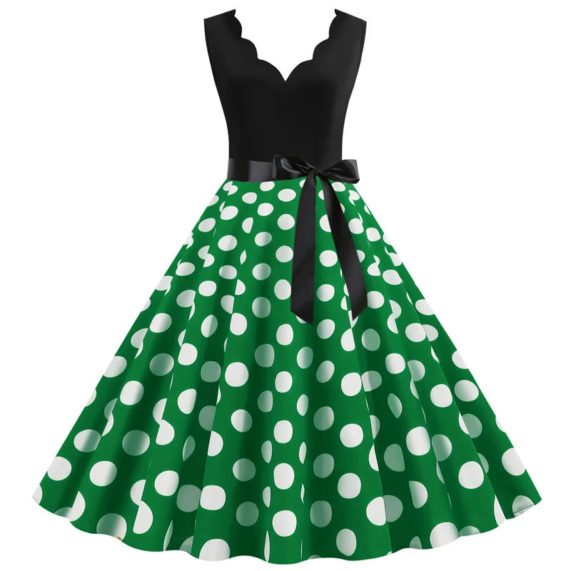 Polka Dot Print Women Summer Dress Black Patchwork Sleeveless V Neck Elegant Vintage Party Casual Midi Dress