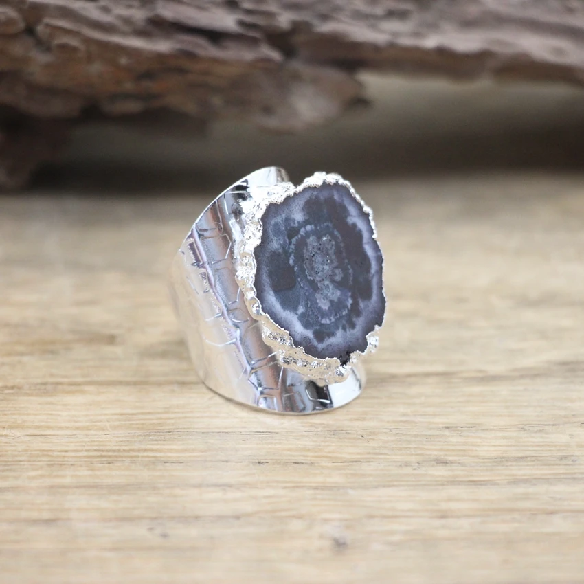 Natural Geode Druzy Drusy Silvery Ring Solar Quartz Healing Crystal Adjustable Ring Women Fashion Jewelry Dropshipping,QC4039