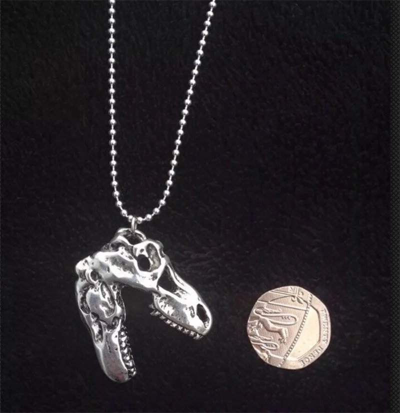 Handmade T-Rex Dinosaur Skull Pendant Long Necklace 24 Inch Chain T Rex Silver Plated/Key Ring