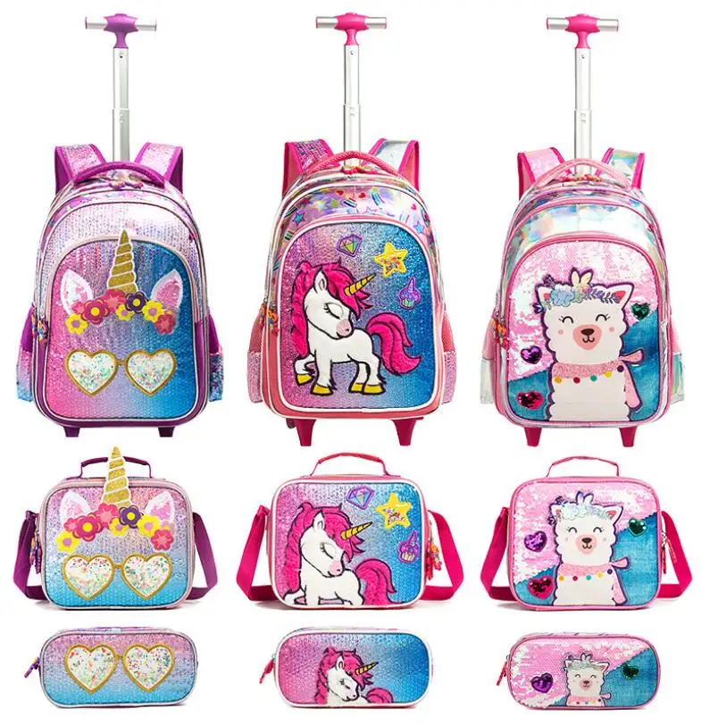 School wheeled backpack bag lunch bag set school Rolling backpack bag with wheels student school trolley backpack Bag for girls