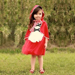 Little red princess girl riding cape wearing white snow Santa birthday carnival dress Halloween costume