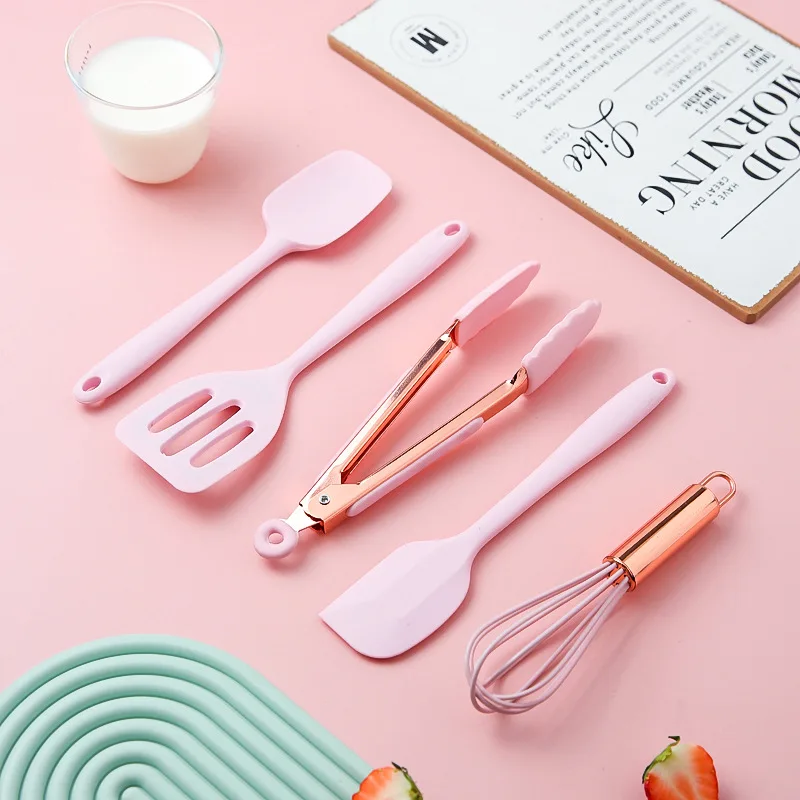 Multipurpose Kitchen Cake Tool Set, Silicone Scraper, Oil Brush, Egg Whisk, Spatula, Cooking Utensil, Pink Kitchenware