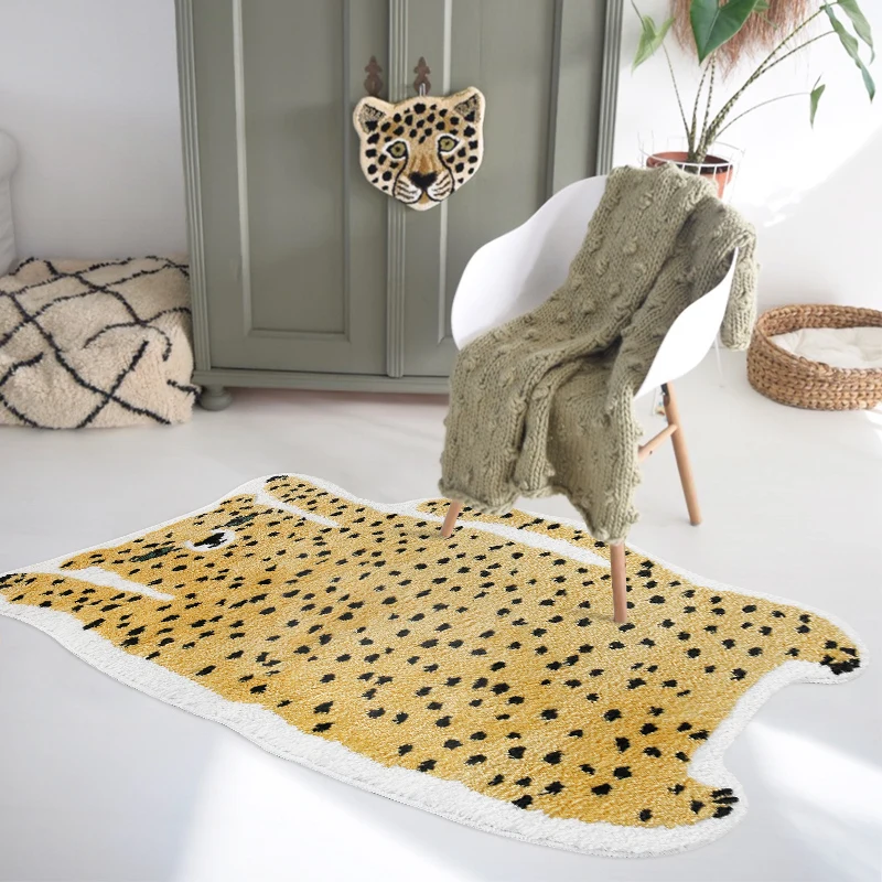 

Tufting Leopard Bed Side Rug Soft Fluffy Cartoon Animal Carpet Area Floor Pad Mat Doormat Aesthetic Home Kids Room Nursery Decor