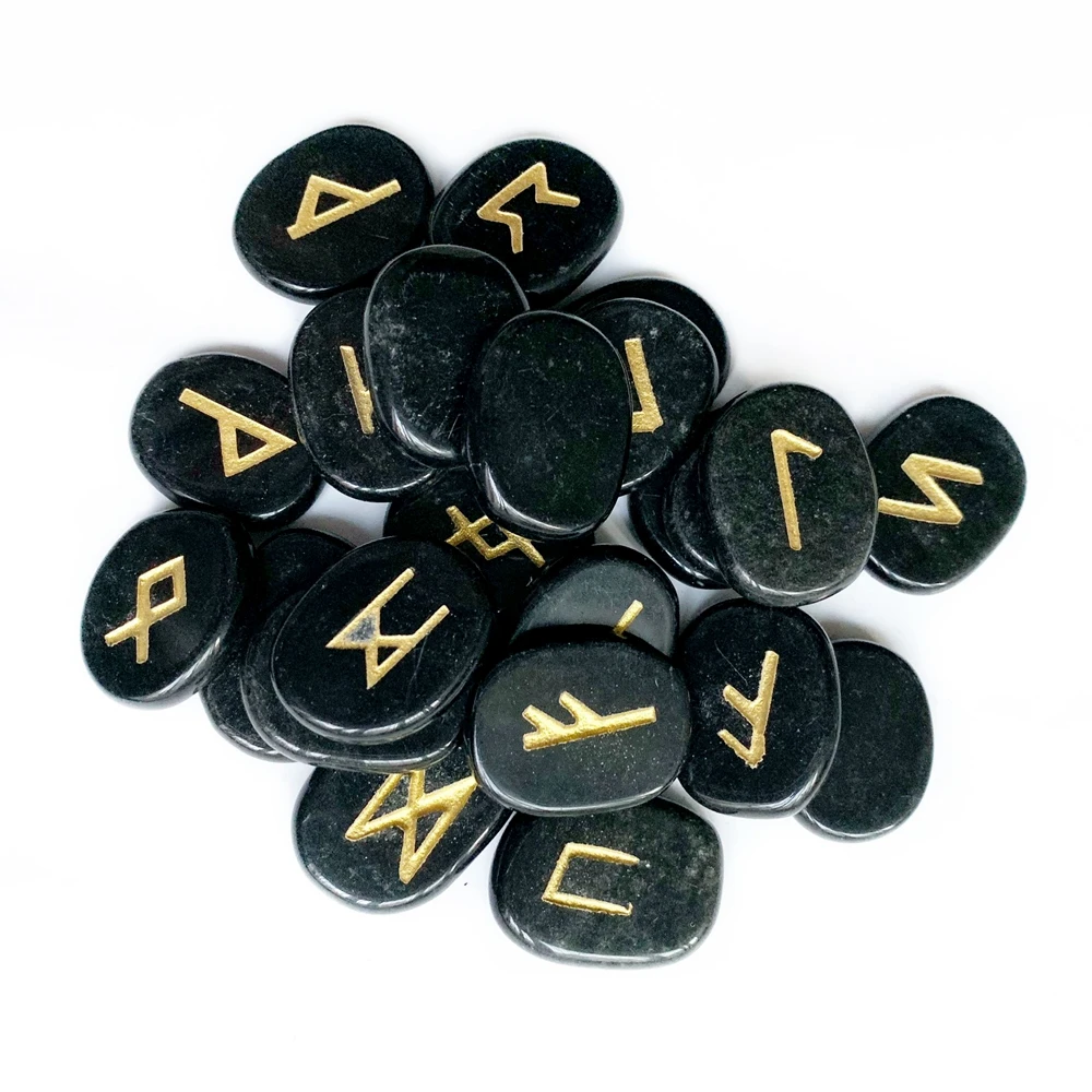 Natural Black Obsidian Palm Stones Viking Runes Amulet Divination Palmstone Crystal Nordic Runes Stones Set Symbols Crafts 25pcs