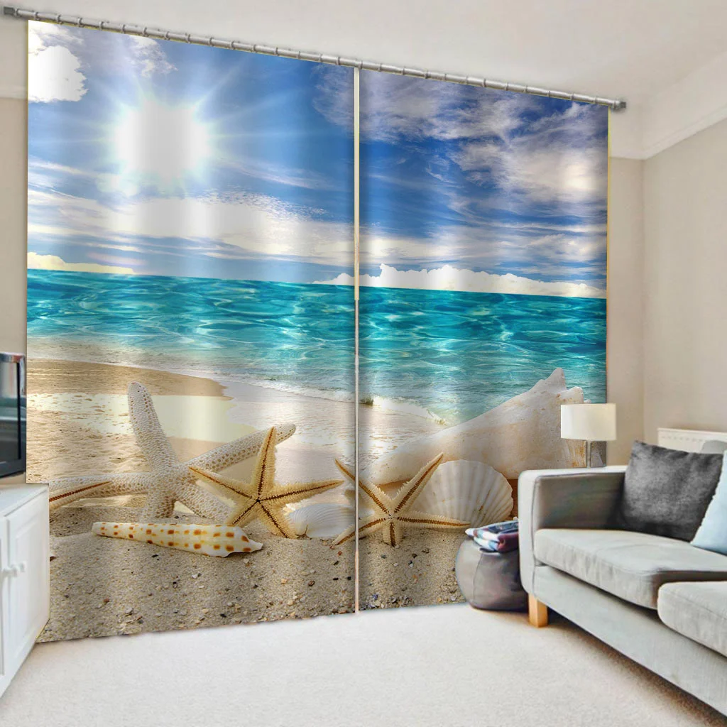 

Beautiful Photo Fashion Customized 3D Curtains Morden blue beach curtains 3d stereoscopic curtains