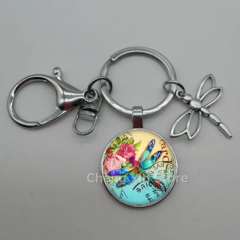 Rodada Vidro Keychain com Libélula Charme, Convex Charme, Animal Chaveiro, Acessórios do carro, 1