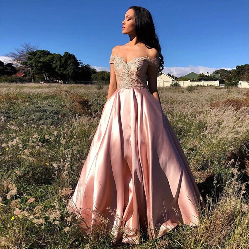 Vestido De fiesta rosa sin hombros, Vestido De noche De satén, Simple y largo con corte en A, apliques, Vestido De formato, novedad De 2019