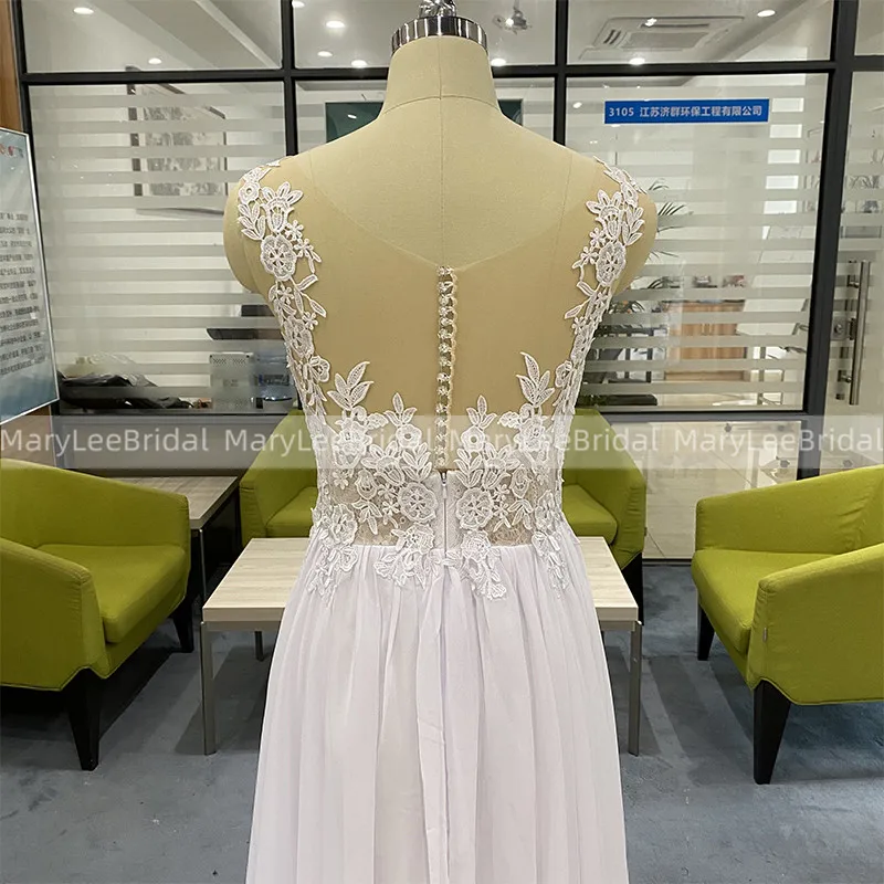 Vestido de noiva transparente, foto real, verão, chiffon, boho, botões, costas, nude, tule, aplique branco, robe de casamento, 100%